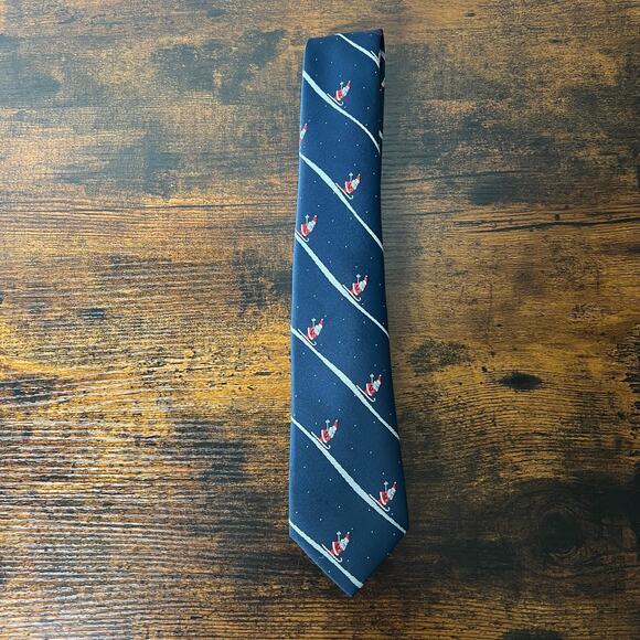 Christmas Santa Tie Skiing 3" Slim Necktie Navy Red Novelty Snow Stripe Holiday - Picture 2 of 7
